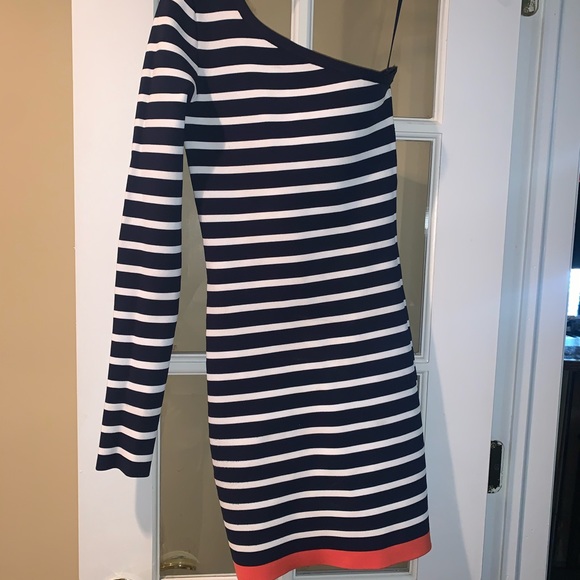 BCBG Bandage Navy Stripe One Shoulder Dress - Picture 6 of 8